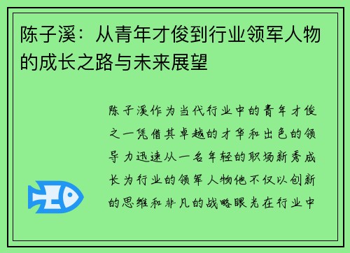 陈子溪：从青年才俊到行业领军人物的成长之路与未来展望