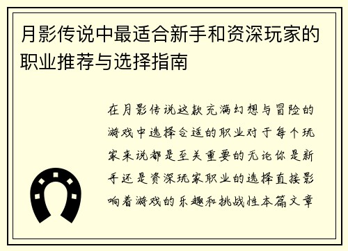 月影传说中最适合新手和资深玩家的职业推荐与选择指南